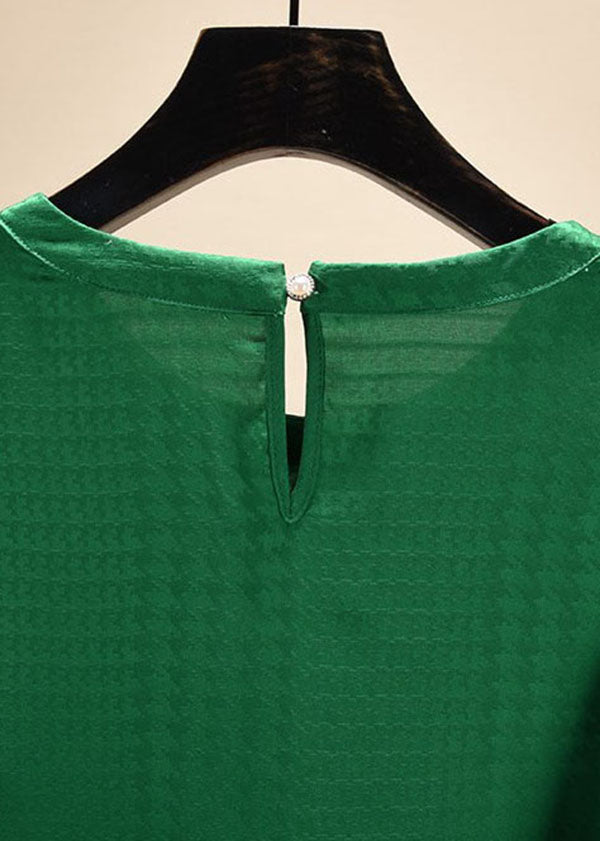 Handmade Green Puff Sleeve Jacquard Button Chiffon Shirt Tops Summer