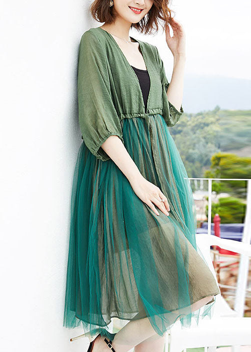 Handmade Green Ruffled Drawstring Patchwork Tulle Beach Cardigans Summer