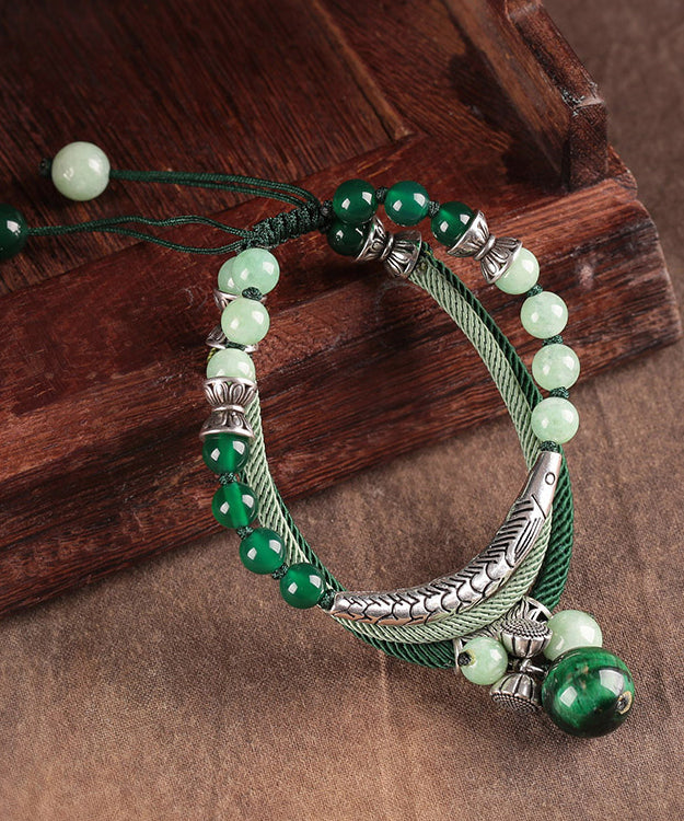 Handmade Green Sterling Silver Jade Agate Cat's Eye Stone Charm Bracelet