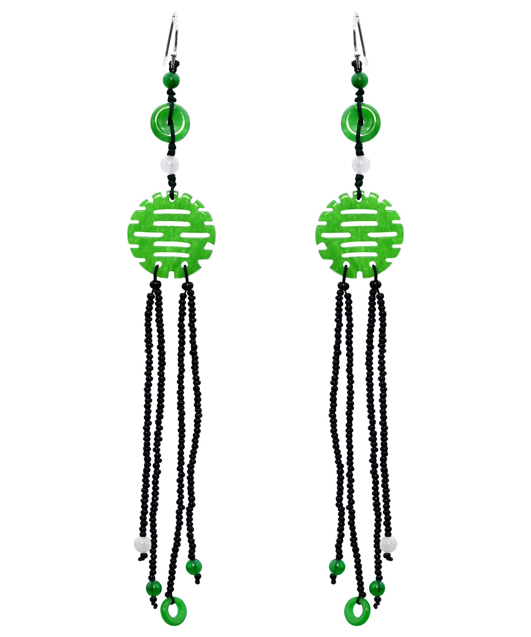 Handmade Green Sterling Silver Jade Tassel Glass Bea Drop Earrings