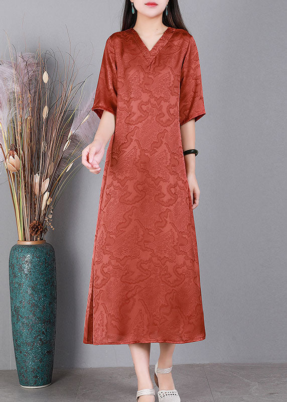 Handmade Green V Neck Jacquard 2022 Silk Long Dress Half Sleeve