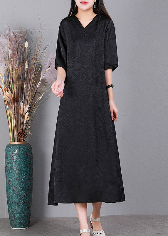 Handmade Green V Neck Jacquard 2022 Silk Long Dress Half Sleeve