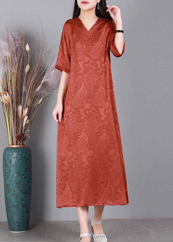 Handmade Green V Neck Jacquard 2022 Silk Long Dress Half Sleeve