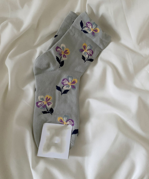 Handmade Grey Blue Floral Cotton Ankle Socks