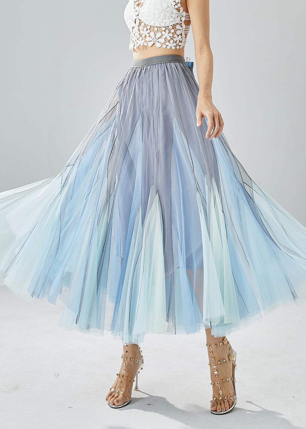 Handmade Grey Blue High Waist Patchwork Tulle Pleated Skirt Summer