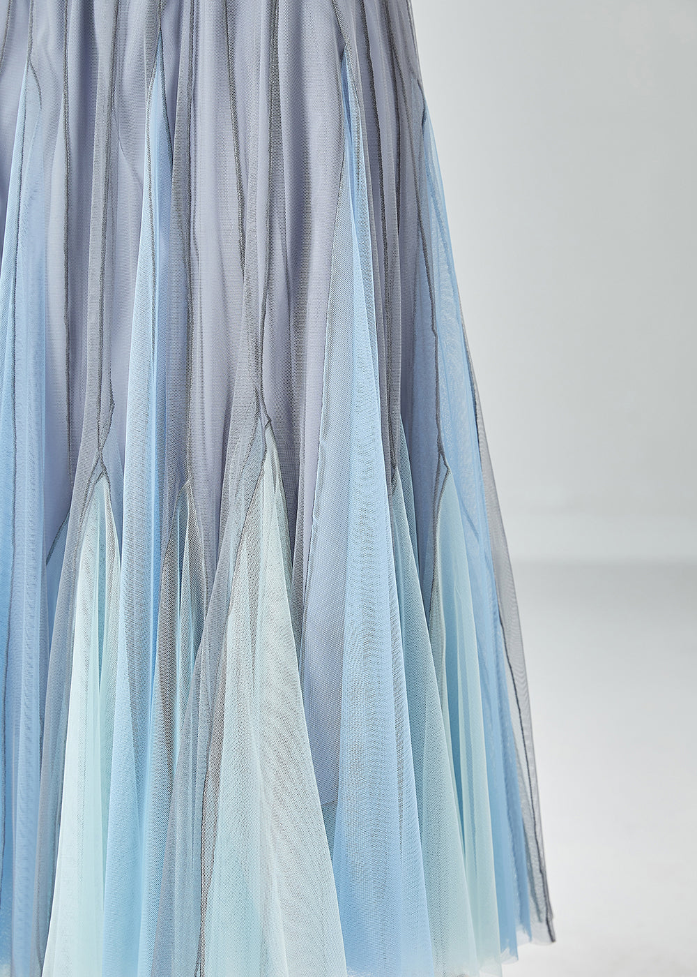 Handmade Grey Blue High Waist Patchwork Tulle Pleated Skirt Summer