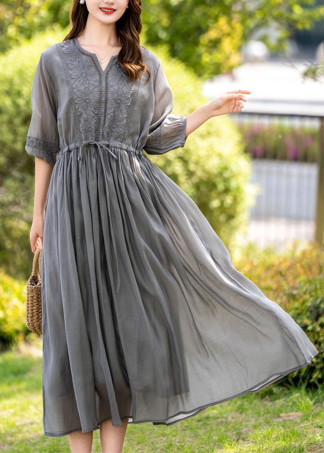 Handmade Grey Embroideried Drawstring Patchwork Linen Dress Summer