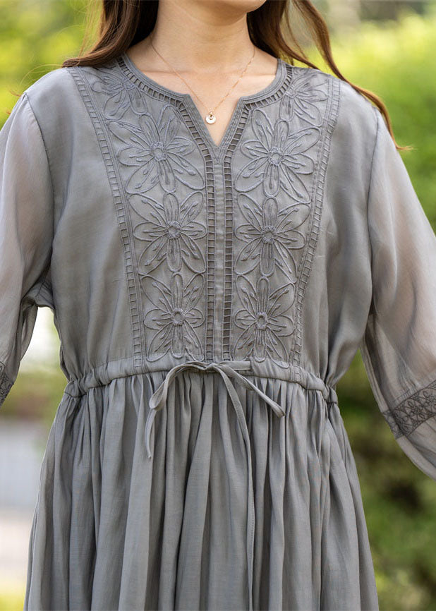 Handmade Grey Embroideried Drawstring Patchwork Linen Dress Summer