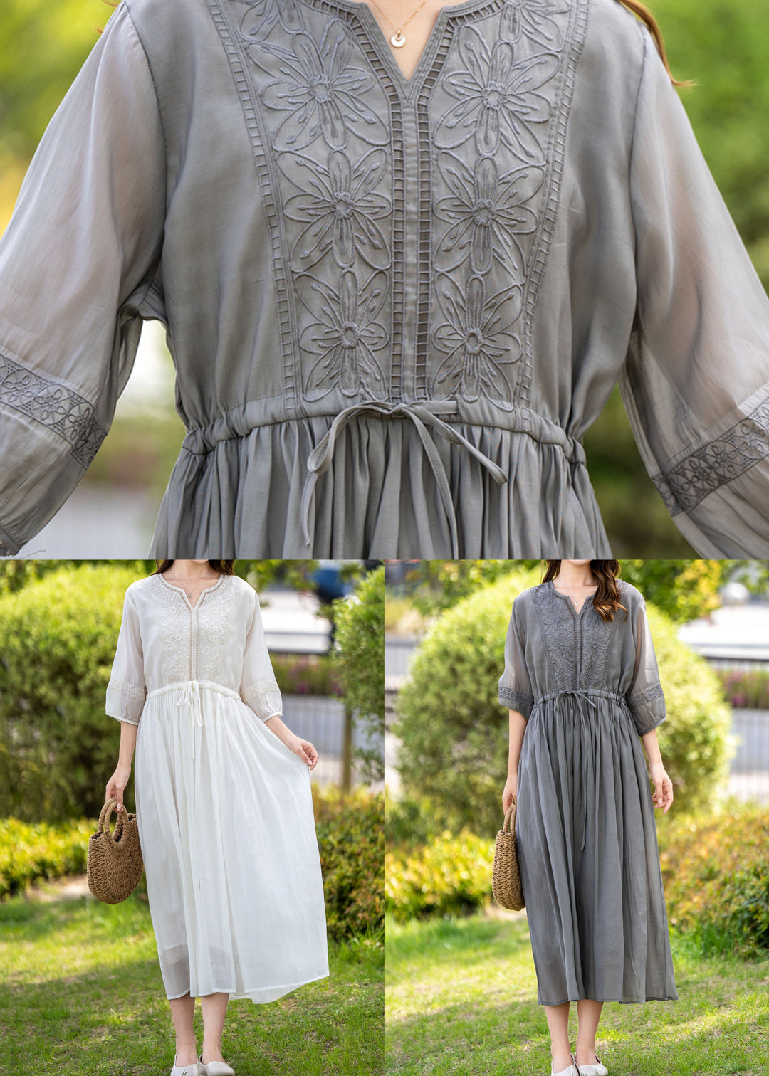 Handmade Grey Embroideried Drawstring Patchwork Linen Dress Summer