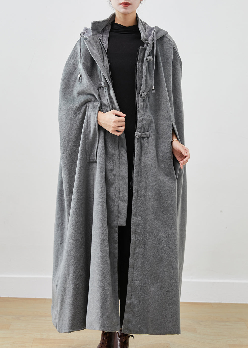 Handmade Grey Oversized Lengthen Warm Fleece Hooded Coat Cloak Sleeves