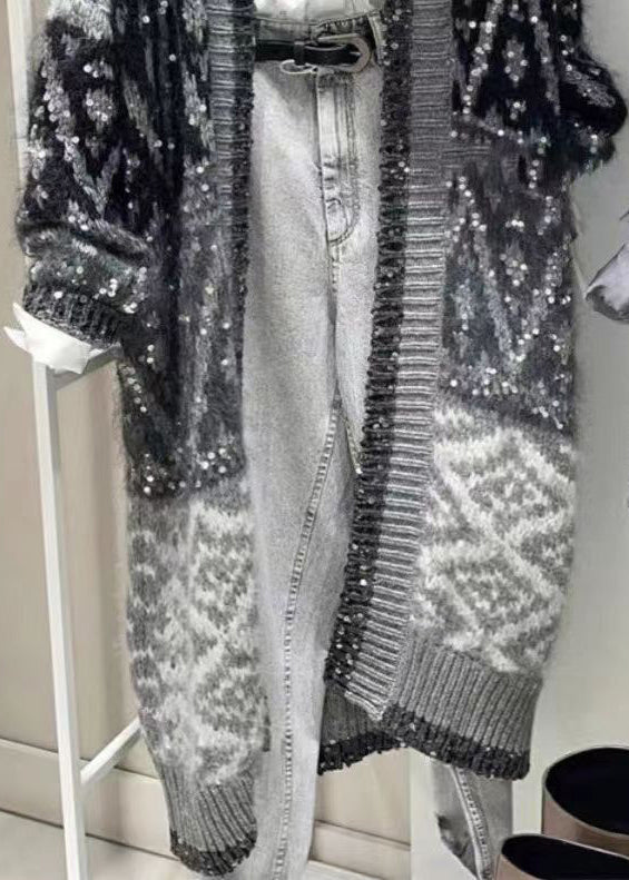 Handmade Grey V Neck Sequins Patchwork Knitted Cotton Cardigan Fall