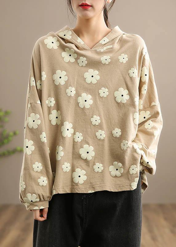 Handmade Hooded SpringTop Wardrobes Khaki Print Tops - Omychic