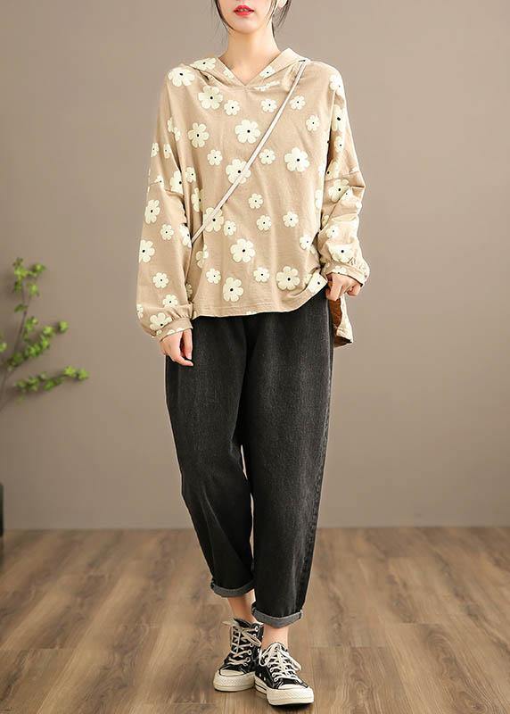 Handmade Hooded SpringTop Wardrobes Khaki Print Tops - Omychic