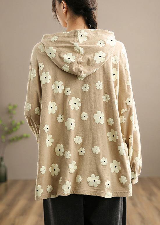 Handmade Hooded SpringTop Wardrobes Khaki Print Tops - Omychic