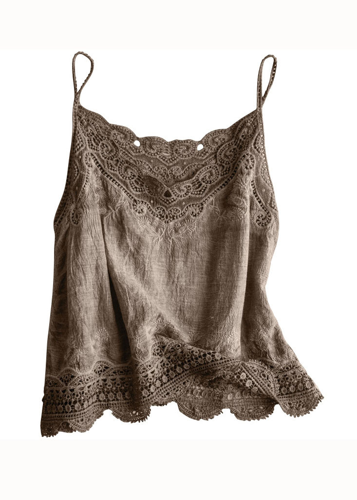 Handmade Khaki Hollow Out Patchwork Thin Lace Tank Sleeveless