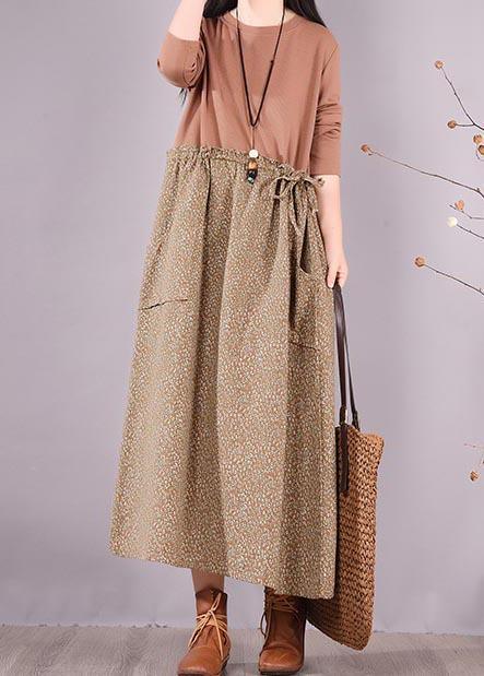 Handmade Khaki Patchwork Print Tunics For Women O Neck Plus Size Spring Dress - Omychic