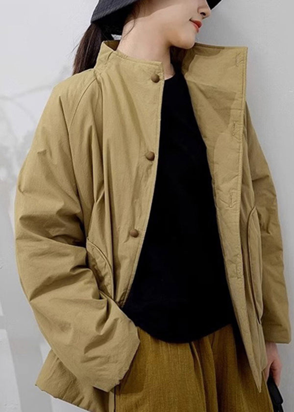 Handmade Khaki Stand Collar Pockets Fine Cotton Filled Womens Parka Winter