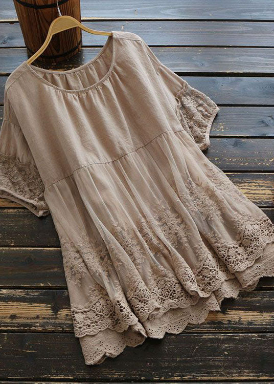 Handmade Khaki Tulle Embroideried Patchwork Cotton Top Summer