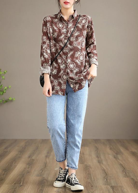 Handmade Lapel Button Down Spring Clothes Wardrobes Chocolate Print Tops - Omychic