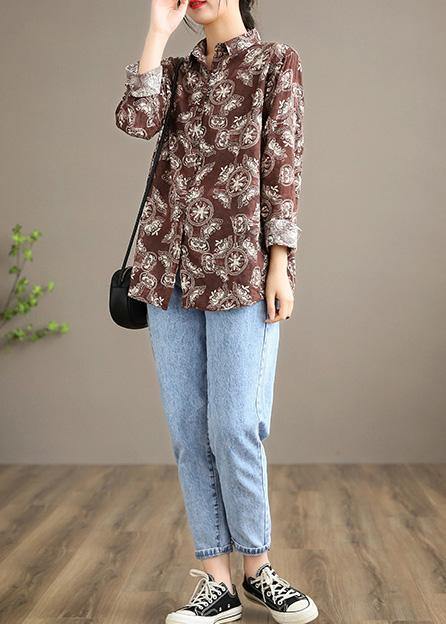 Handmade Lapel Button Down Spring Clothes Wardrobes Chocolate Print Tops - Omychic