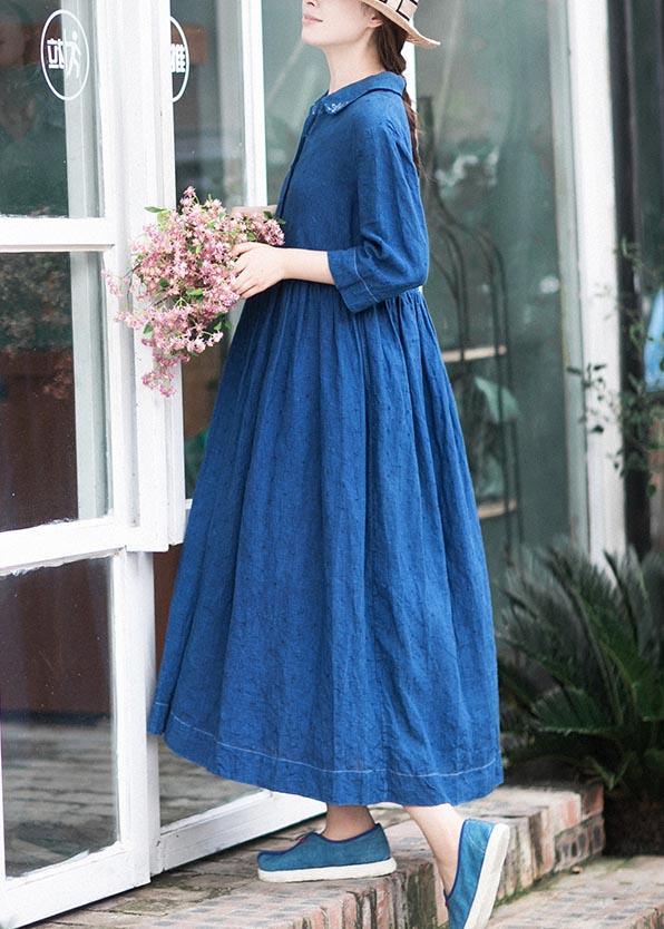 Handmade Lapel Half Sleeve Spring Tunics Shirts Blue Dress - Omychic