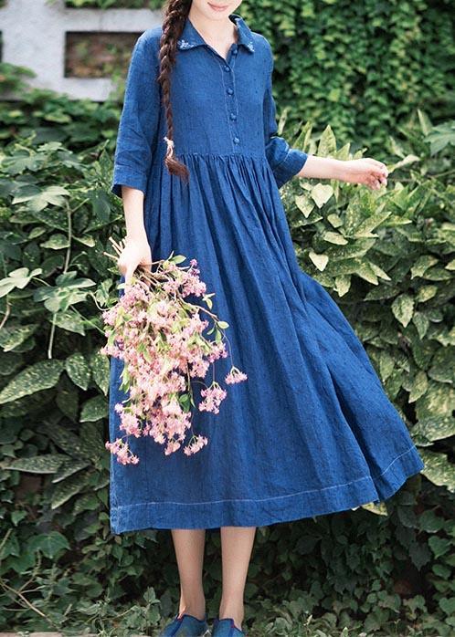 Handmade Lapel Half Sleeve Spring Tunics Shirts Blue Dress - Omychic