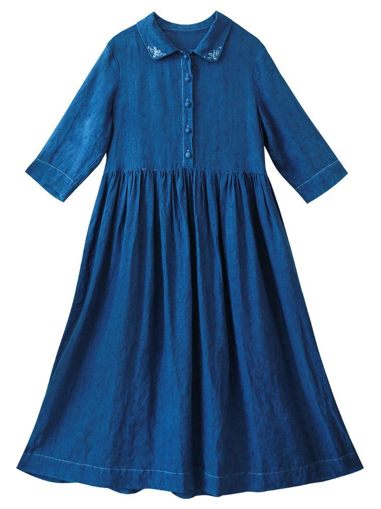 Handmade Lapel Half Sleeve Spring Tunics Shirts Blue Dress - Omychic