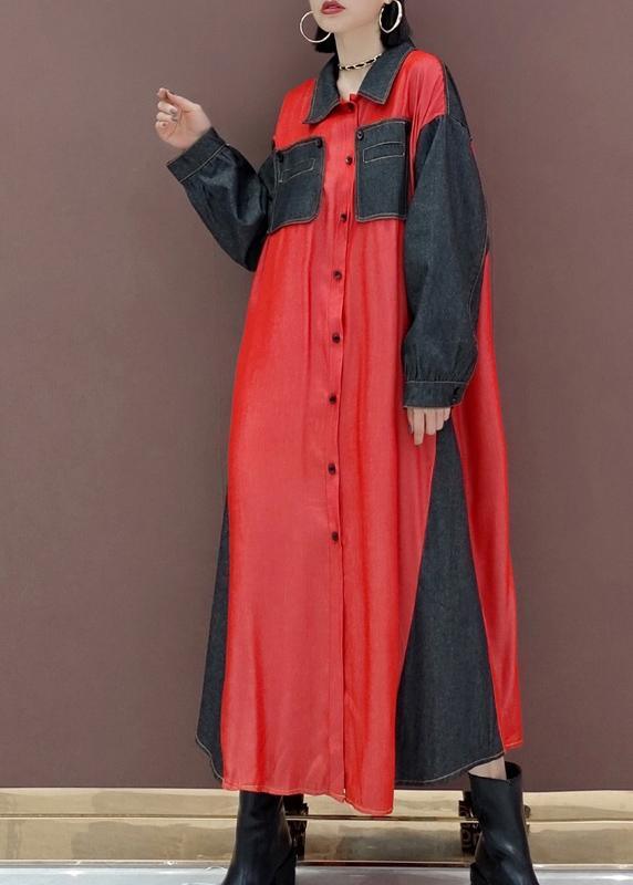 Handmade Lapel Patchwork Spring Long Dress Photography Red Kaftan Dress - Omychic
