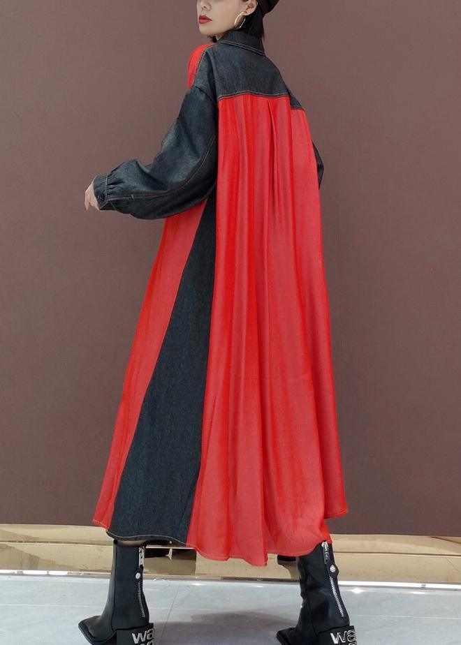 Handmade Lapel Patchwork Spring Long Dress Photography Red Kaftan Dress - Omychic