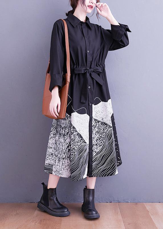 Handmade Lapel Tie Waist Clothes Work Outfits Black Abstract pattern Maxi Dresses - Omychic