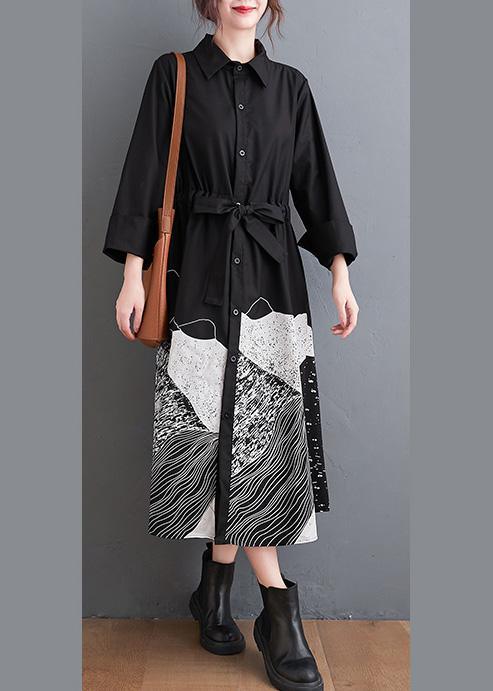 Handmade Lapel Tie Waist Clothes Work Outfits Black Abstract pattern Maxi Dresses - Omychic