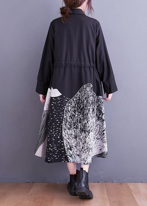 Handmade Lapel Tie Waist Clothes Work Outfits Black Abstract pattern Maxi Dresses - Omychic