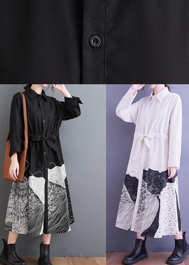 Handmade Lapel Tie Waist Clothes Work Outfits Black Abstract pattern Maxi Dresses - Omychic