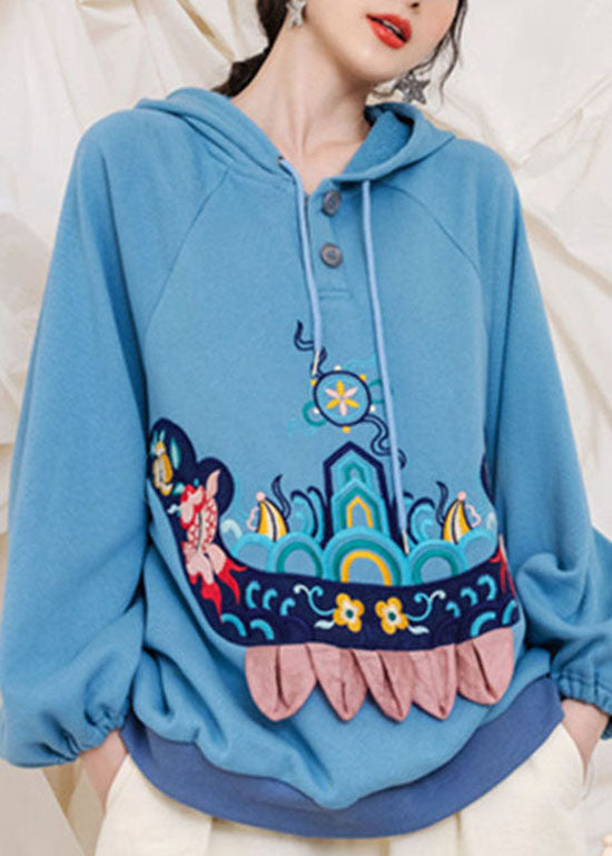 Handmade Light Blue drawstring Hooded Embroideried Warm Fleece Sweatshirts top Spring