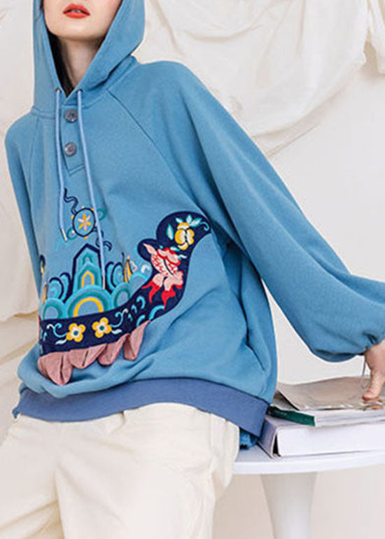 Handmade Light Blue drawstring Hooded Embroideried Warm Fleece Sweatshirts top Spring