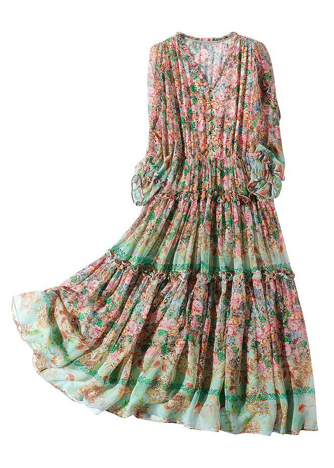 Handmade Light Green V Neck Ruffled Print Silk Dresses Summer