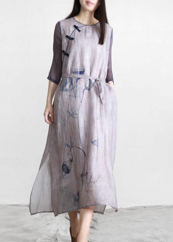 Handmade Light Purple Print Patchwork Linen Summer Maxi Dress - Omychic