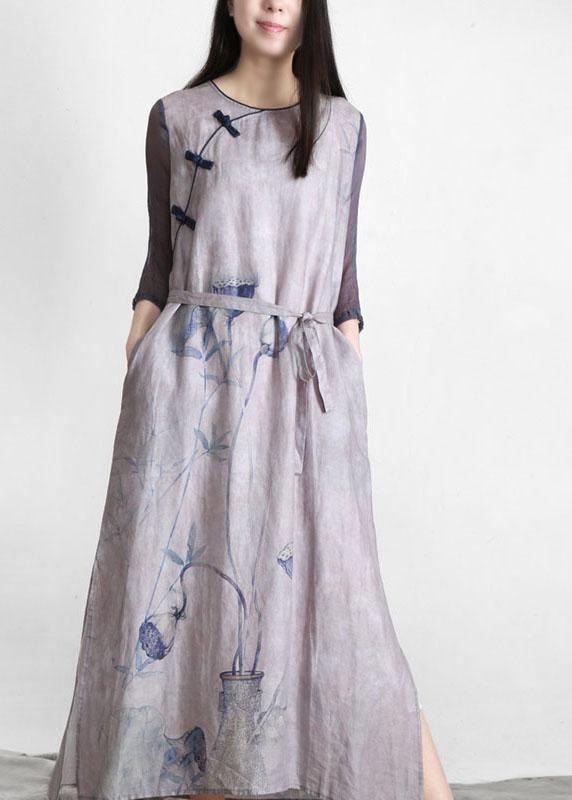 Handmade Light Purple Print Patchwork Linen Summer Maxi Dress - Omychic