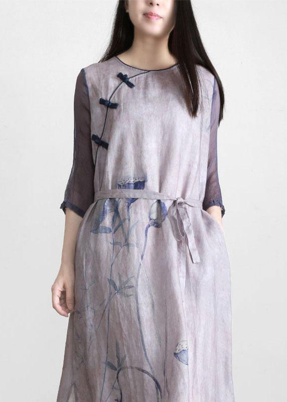 Handmade Light Purple Print Patchwork Linen Summer Maxi Dress - Omychic