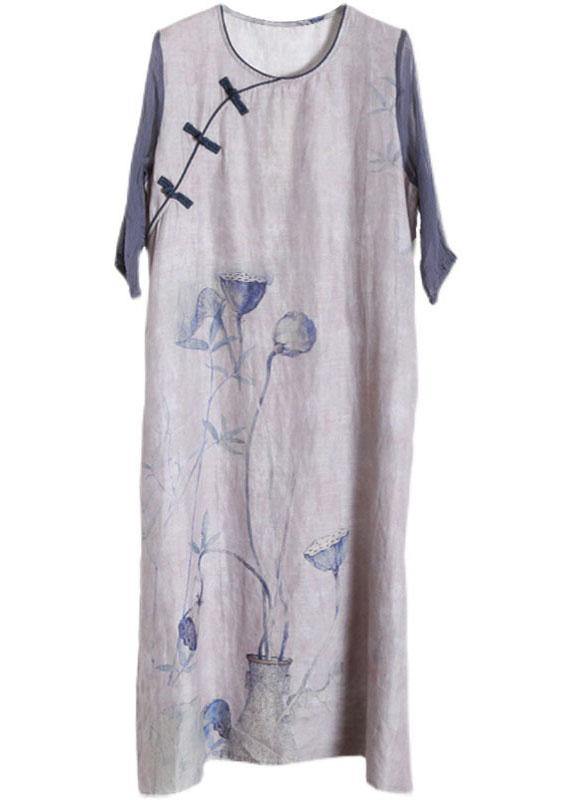 Handmade Light Purple Print Patchwork Linen Summer Maxi Dress - Omychic