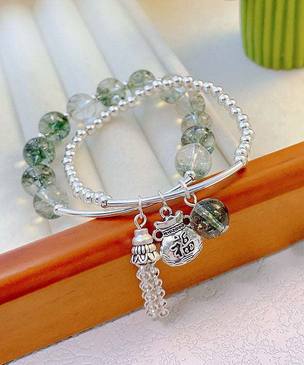 Handmade Little Green Sterling Silver Crystal Bilayer Beading Tassel Charm Bracelet