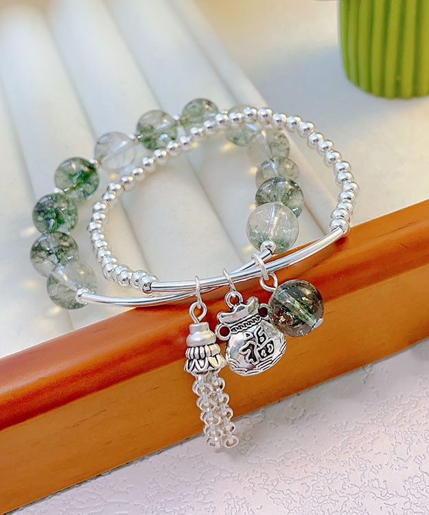Handmade Little Green Sterling Silver Crystal Bilayer Beading Tassel Charm Bracelet