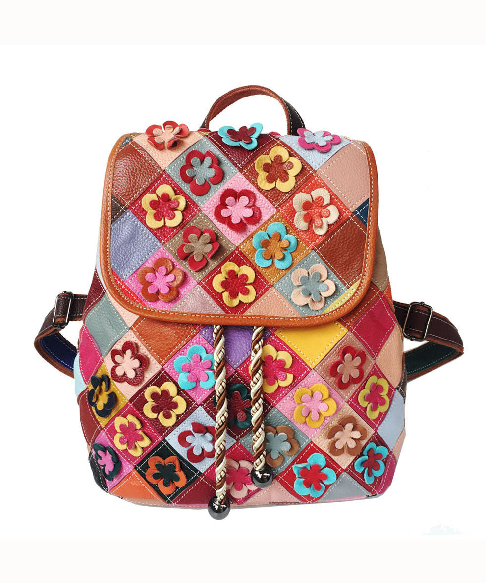 Handmade Multi Color Floral Patchwork Calf Leather Backpack Bag