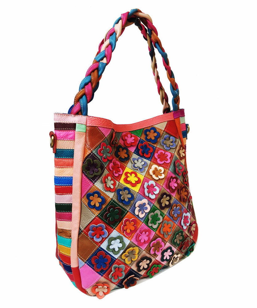 Handmade Multi Color Floral Patchwork Calf Leather Satchel Handbag