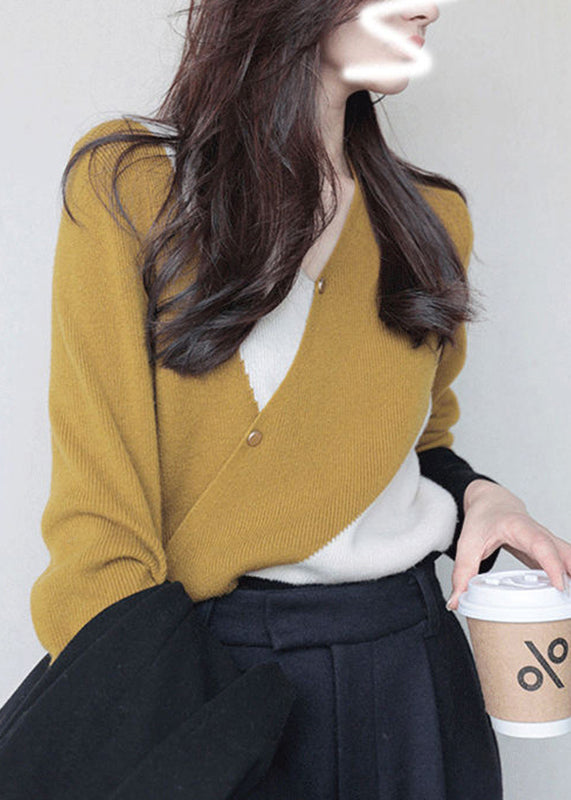 Handmade Mustard Yellow V Neck Patchwork Thick Cashmere Knit Sweaters Long Sleeve