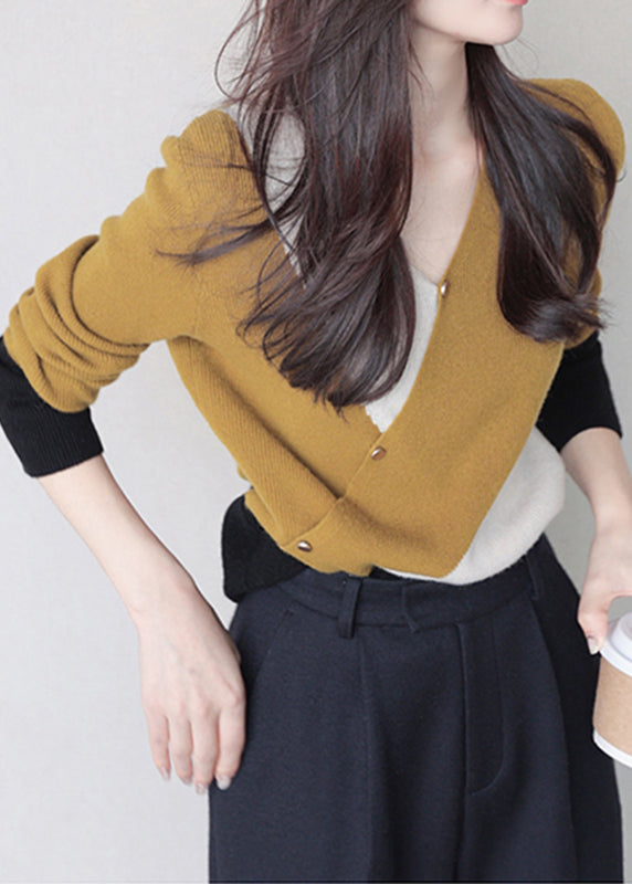 Handmade Mustard Yellow V Neck Patchwork Thick Cashmere Knit Sweaters Long Sleeve