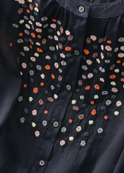 Handmade Navy Embroideried Button Linen Shirt Spring