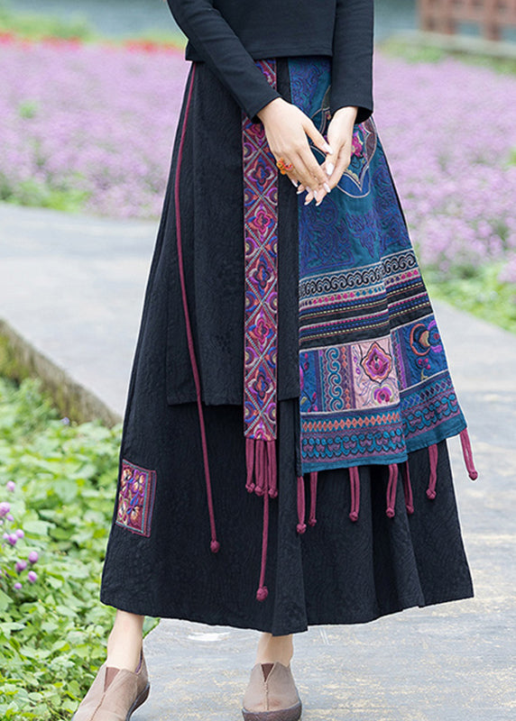 Handmade Navy Embroideried Floral Elastic Waist Tassel Linen Skirt Fall