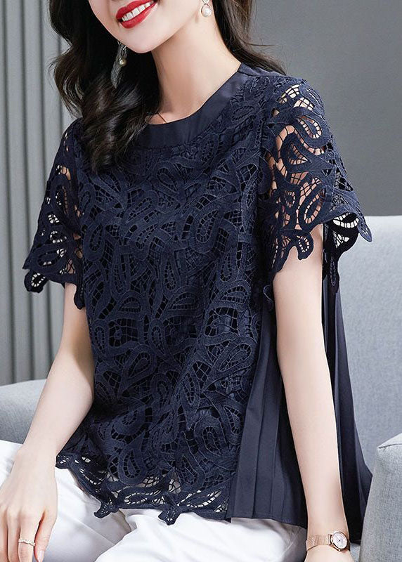 Handmade Navy O Neck Wrinkled Patchwork Lace T Shirt Top Summer - Omychic