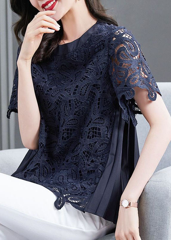 Handmade Navy O Neck Wrinkled Patchwork Lace T Shirt Top Summer - Omychic